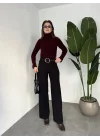 Kadın Kemerli Yüksek Bel Geniş Paça Kumaş Pantolon Siyah