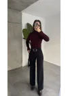 Kadın Kemerli Yüksek Bel Geniş Paça Kumaş Pantolon Siyah