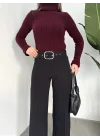 Kadın Kemerli Yüksek Bel Geniş Paça Kumaş Pantolon Siyah