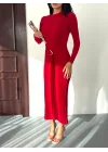Kadın Kırmızı Bisiklet Yaka Gold Aksesuarlı Kuşaklı Uzun Boy Vucudu Saran Elbise