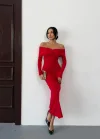 Kadın Kırmızı Madonna Yaka Düğümlü Uzun Kollu Midi Boy Elbise