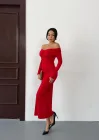 Kadın Kırmızı Madonna Yaka Düğümlü Uzun Kollu Midi Boy Elbise