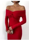 Kadın Kırmızı Madonna Yaka Düğümlü Uzun Kollu Midi Boy Elbise