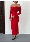 Kadın Kırmızı Madonna Yaka Düğümlü Uzun Kollu Midi Boy Elbise