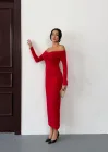 Kadın Kırmızı Madonna Yaka Düğümlü Uzun Kollu Midi Boy Elbise