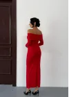 Kadın Kırmızı Madonna Yaka Düğümlü Uzun Kollu Midi Boy Elbise