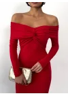 Kadın Kırmızı Madonna Yaka Düğümlü Uzun Kollu Midi Boy Elbise