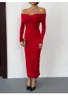 Kadın Kırmızı Madonna Yaka Düğümlü Uzun Kollu Midi Boy Elbise