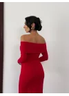 Kadın Kırmızı Madonna Yaka Düğümlü Uzun Kollu Midi Boy Elbise