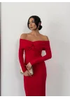 Kadın Kırmızı Madonna Yaka Düğümlü Uzun Kollu Midi Boy Elbise