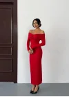 Kadın Kırmızı Madonna Yaka Düğümlü Uzun Kollu Midi Boy Elbise