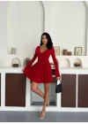 Kadın Kırmızı Şortlu V Yaka Uzun Kollu Elbise