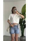 Kadın Koyu Mavi Yüksek Bel Jean Şort – Basic Denim Şort Günlük Rahat Kalıp Yazlık Kot Şort