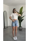 Kadın Koyu Mavi Yüksek Bel Jean Şort – Basic Denim Şort Günlük Rahat Kalıp Yazlık Kot Şort