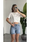 Kadın Koyu Mavi Yüksek Bel Jean Şort – Basic Denim Şort Günlük Rahat Kalıp Yazlık Kot Şort