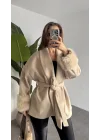 Kadın Krem Kemerli Kolları Kürk Detaylı Kaşe Kaban Kışlık