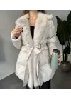 Kadın Krem Kırık Beyaz Kemerli Kürk Yaka Şişme Mont Krem Kışlık