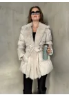 Kadın Krem Kırık Beyaz Kemerli Kürk Yaka Şişme Mont Krem Kışlık