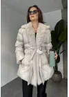Kadın Krem Kırık Beyaz Kemerli Kürk Yaka Şişme Mont Krem Kışlık
