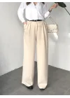 Kadın Krem Pileli Yüksek Bel Bol Paça Ekstra Bol Palazzo Kumaş Pantolon