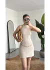 Kadın Krem Sırt Dekolteli Boyundan Bağlamalı Triko Plaj Elbisesi Pareo Elbise Yazlık Beachwear