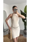Kadın Krem Sırt Dekolteli Boyundan Bağlamalı Triko Plaj Elbisesi Pareo Elbise Yazlık Beachwear