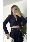Kadın Lacivert Çizgili Astarlı Tek Düğmeli Crop Ceket Kemerli Astarlı Pileli Etek Takım