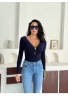 Lacivert Damla Yaka Aksesuarlı Sandy Bluz