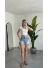 Kadın Mavi Yırtık Yüksek Bel Jean Şort – Basic Denim Şort Günlük Rahat Kalıp Yazlık Kot Şort