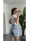 Kadın Mavi Yırtık Yüksek Bel Jean Şort – Basic Denim Şort Günlük Rahat Kalıp Yazlık Kot Şort