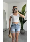 Kadın Mavi Yırtık Yüksek Bel Jean Şort – Basic Denim Şort Günlük Rahat Kalıp Yazlık Kot Şort