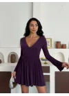 Kadın Mor Şortlu V Yaka Uzun Kollu Elbise