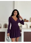 Kadın Mor Şortlu V Yaka Uzun Kollu Elbise