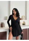 Kadın Siyah Şortlu V Yaka Uzun Kollu Elbise