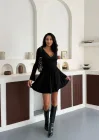 Kadın Siyah Şortlu V Yaka Uzun Kollu Elbise
