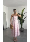 Kadın Pembe Çiçek Desenli Midi Astarlı Elbise Askılı Gipeli Sırt Detaylı Yazlık Pamuklu Günlük Tatil Elbisesi