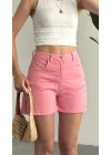 Kadın Pembe Yüksek Bel Jean Likralı Esnek Şort – Basic Denim Şort Günlük Rahat Kalıp Yazlık Kot Şort