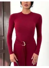 Kadın Bordo Bisiklet Yaka Gold Aksesuarlı Kuşaklı Uzun Boy Vucudu Saran Elbise