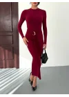 Kadın Bordo Bisiklet Yaka Gold Aksesuarlı Kuşaklı Uzun Boy Vucudu Saran Elbise
