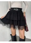 Kadın Siyah Dantel Detaylı Fırfırlı Mini Etek Kemerli