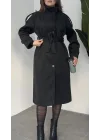 Kadın Siyah Dik Yaka Kemerli Kaşe Kaban Uzun Kışlık