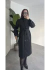 Kadın Siyah Dik Yaka Kemerli Kaşe Kaban Uzun Kışlık