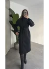 Kadın Siyah Dik Yaka Kemerli Kaşe Kaban Uzun Kışlık