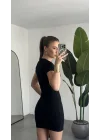 Kadın Siyah Fitilli Mini Elbise Bisiklet Yaka Kısa Kollu Esnek Vücuda Oturan Basic Günlük Elbise