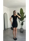 Kadın Siyah Fitilli Mini Elbise Bisiklet Yaka Kısa Kollu Esnek Vücuda Oturan Basic Günlük Elbise