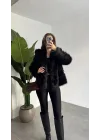 Kadın Siyah Kürk Mont Kışlık Peluş Şık Model
