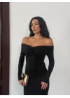 Kadın Siyah Madonna Yaka Düğümlü Uzun Kollu Midi Boy Elbise