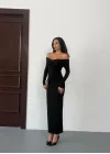 Kadın Siyah Madonna Yaka Düğümlü Uzun Kollu Midi Boy Elbise