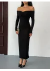 Kadın Siyah Madonna Yaka Düğümlü Uzun Kollu Midi Boy Elbise
