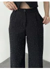 Kadın Siyah Taşlı Pırıltılı Yüksek Bel Bol Paça Pileli Palazzo Pantolon